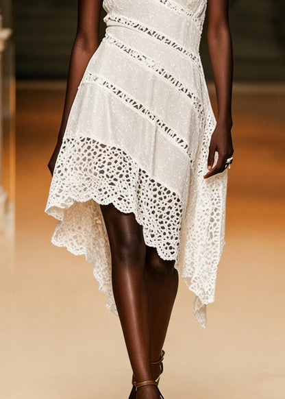 White One Shoulder Hollow Out Cotton Long Dresses Sleeveless