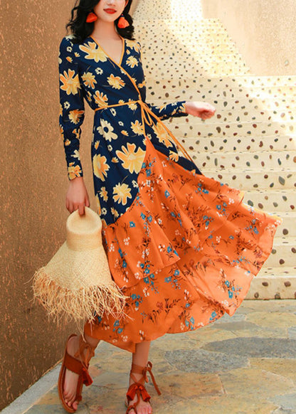 Italian Colorblock Ruffled Print Lace Up Patchwork Chiffon Dresses Fall