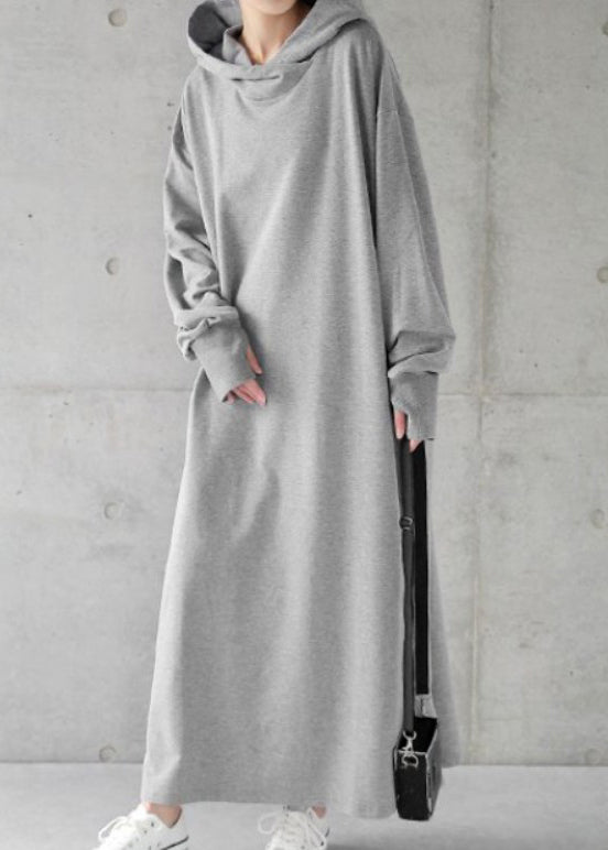 Loose Grey Hooded Cotton Sweatshirt Dress Spring