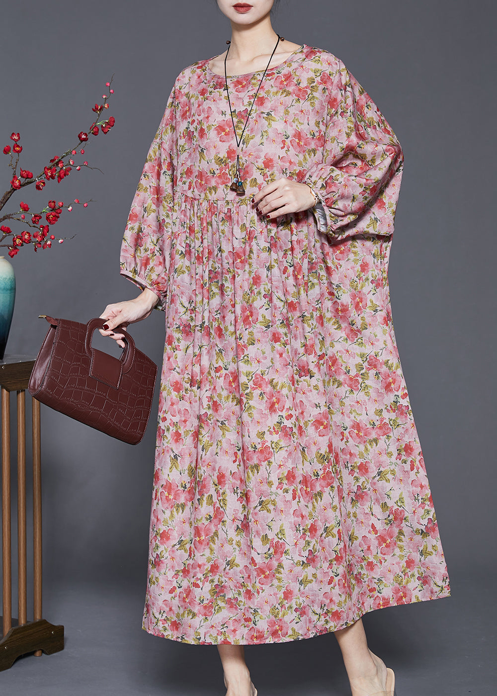 Red Oversized Print Linen Dresses Spring