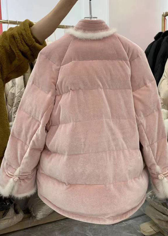 Pink Chinese Button Patchwork Fine Cotton Filled Winter Coats