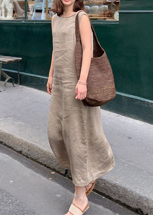 French Camel Asymmetrical Linen Long Dress Sleeveless Summer