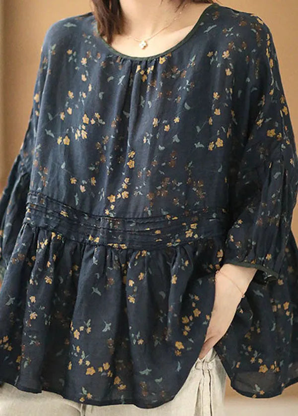Style Navy O-neck Wrinkled Print Cotton Blend Loose Shirt Tops Batwing Sleeve