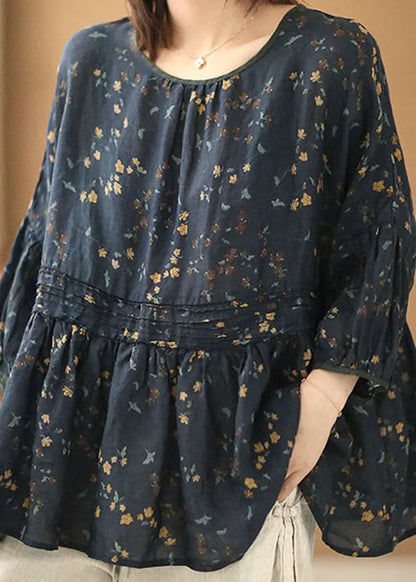 Style Navy O-neck Wrinkled Print Cotton Blend Loose Shirt Tops Batwing Sleeve