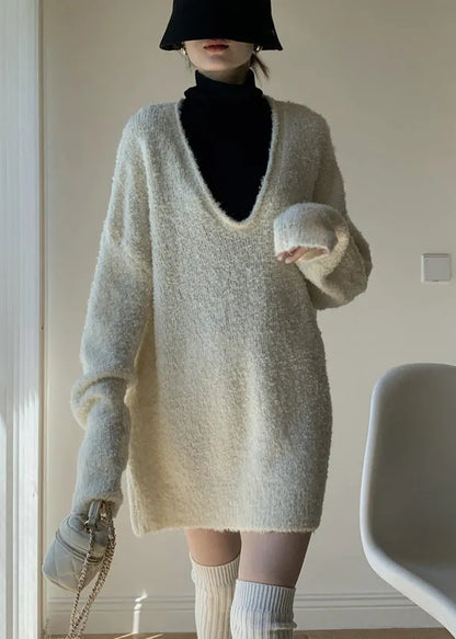 White Cozy Knit Winter Two Pieces Set V Neck