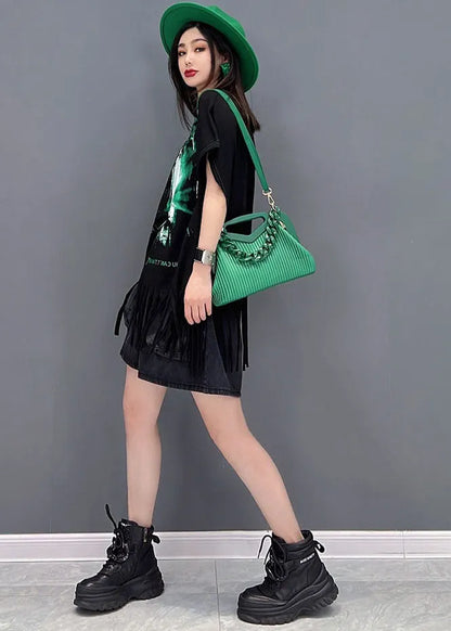 French Black O-neck Tassel Print Cotton Tank Tops Short Sleeve