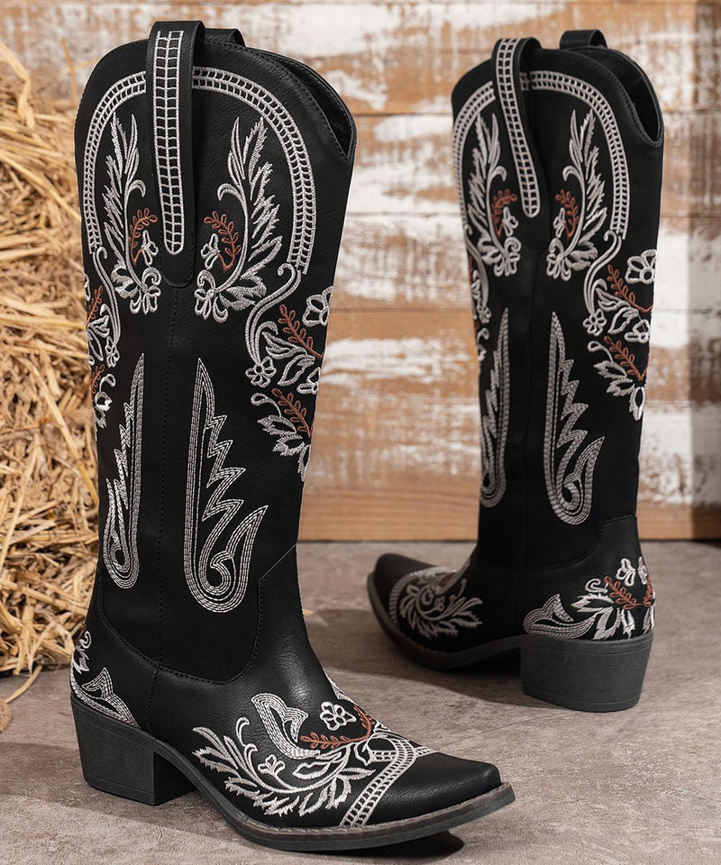 Black Splicing Faux Leather Chunky Boots Embossed