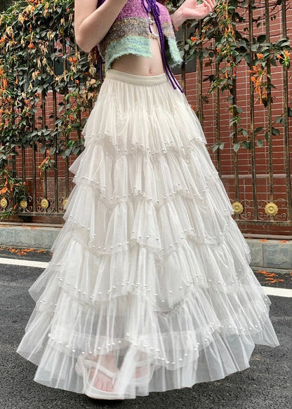 Modern White Nail Bead Tulle Holiday Skirts Fall