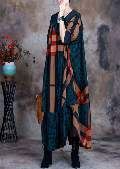 Green Patchwork Plaid Button Print Asymmetrical Design Fall Coat