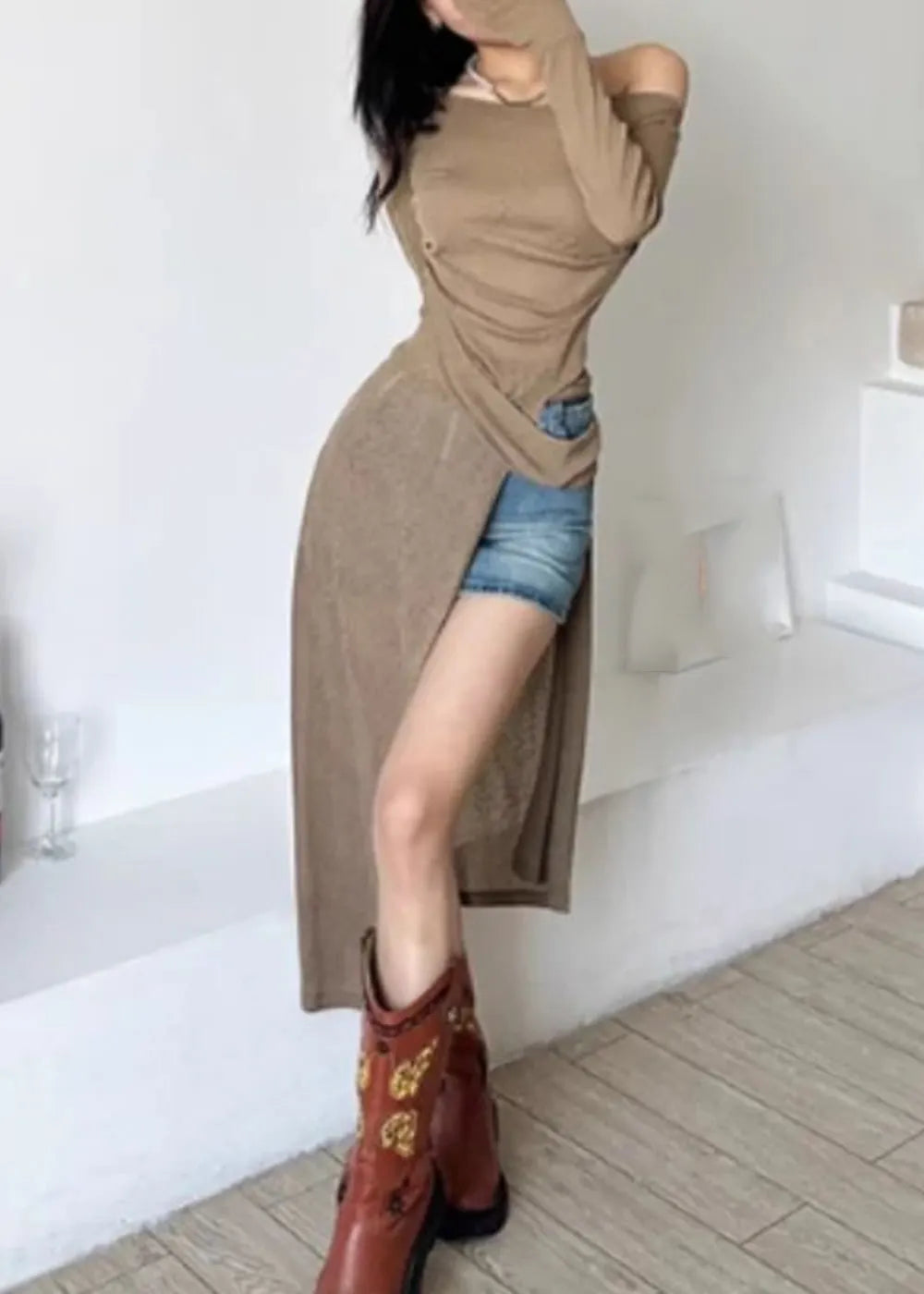 Brown One Shoulder Asymmetrical Side Open Silk Maxi Dresses Fall