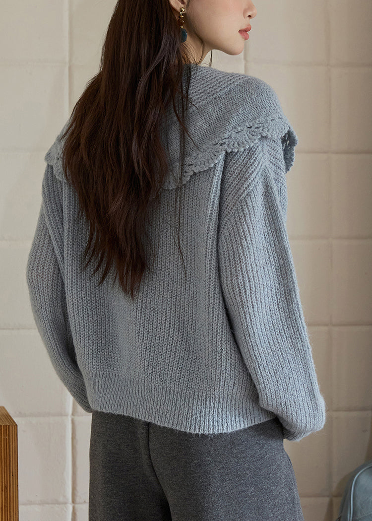 Blue O-neck Cotton Knit Sweaters and Shawl Two Pieces Set Lantern Sleeve