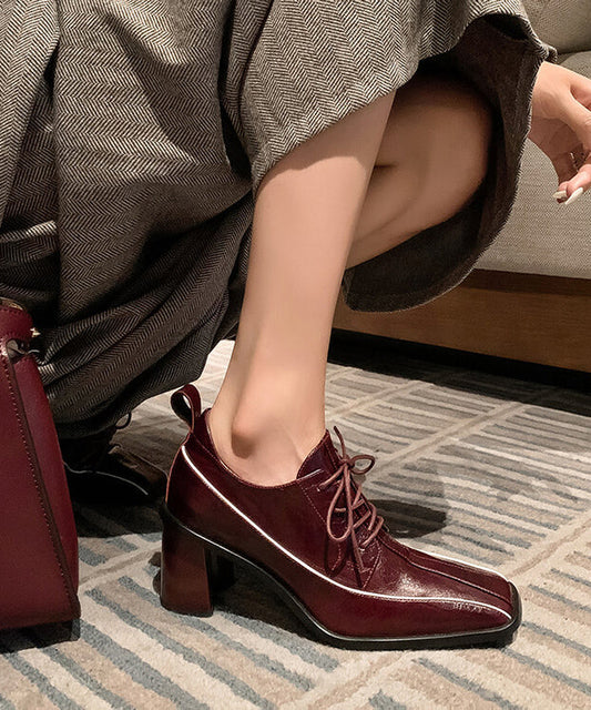 Splicing Lace Up Chunky Heel Mulberry Cowhide Leather