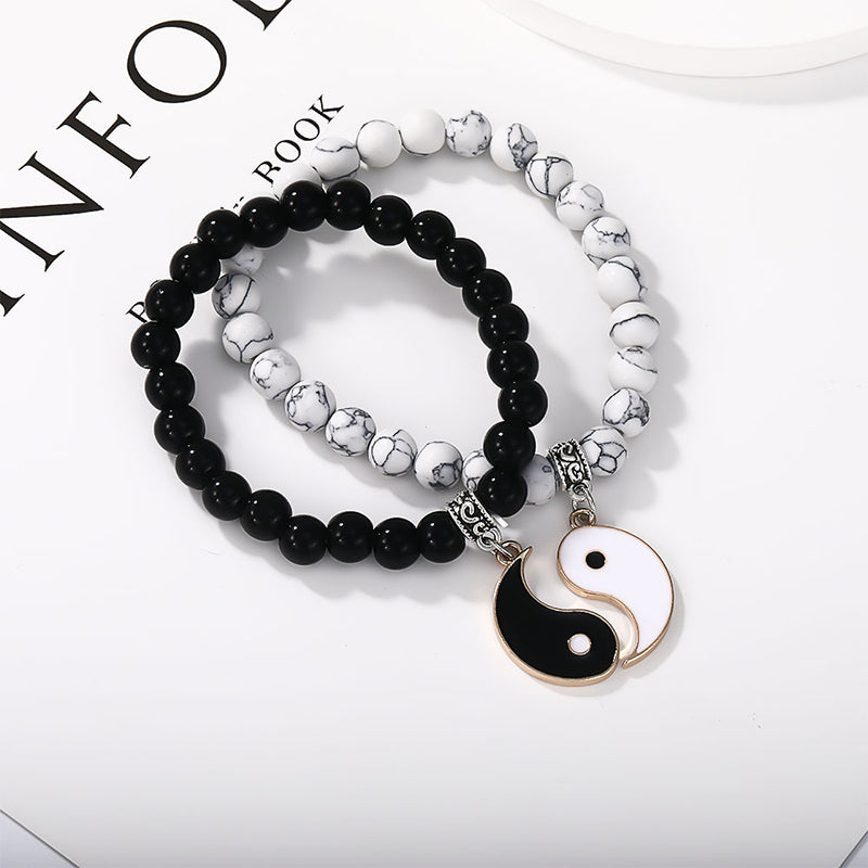 Buddha Stones 2pcs Black Onyx White Turquoise Bead Yin Yang Protection Couple Bracelet