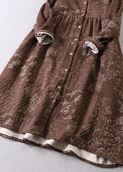 Art Blue Button Patchwork Pockets Fall Print Long Sleeve Dress