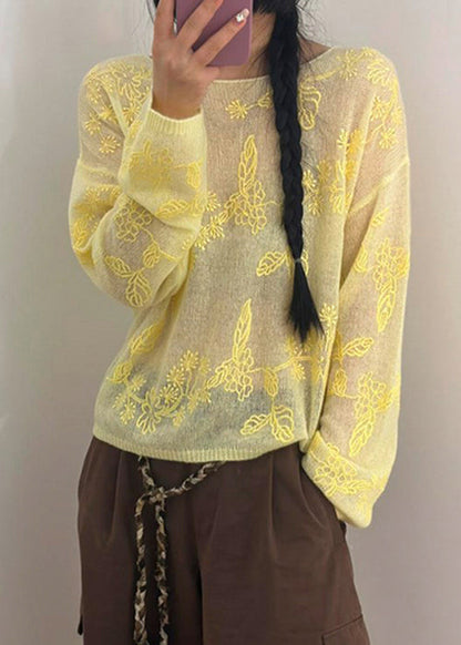 New Yellow Embroidered Thin Knit Sweaters Fall