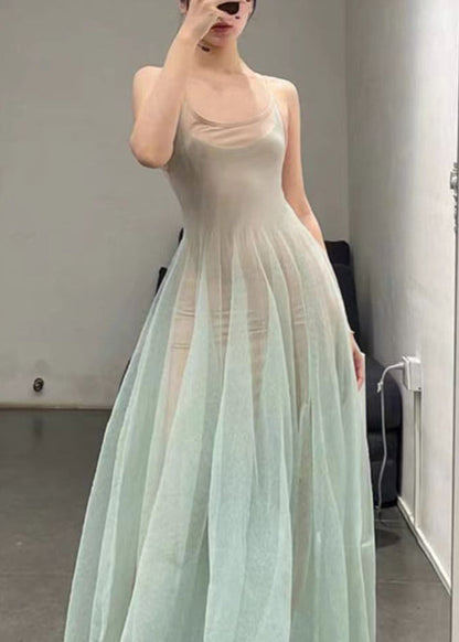 Light Green O-neck Tulle Spaghetti Strap Dress Sleeveless