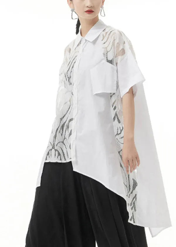 White Peter Pan Collar Lace Patchwork Shirt Tops Short Sleeve