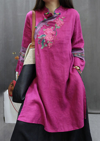 New Rose Stand Embroidered Button Collar Linen Blouses Fall