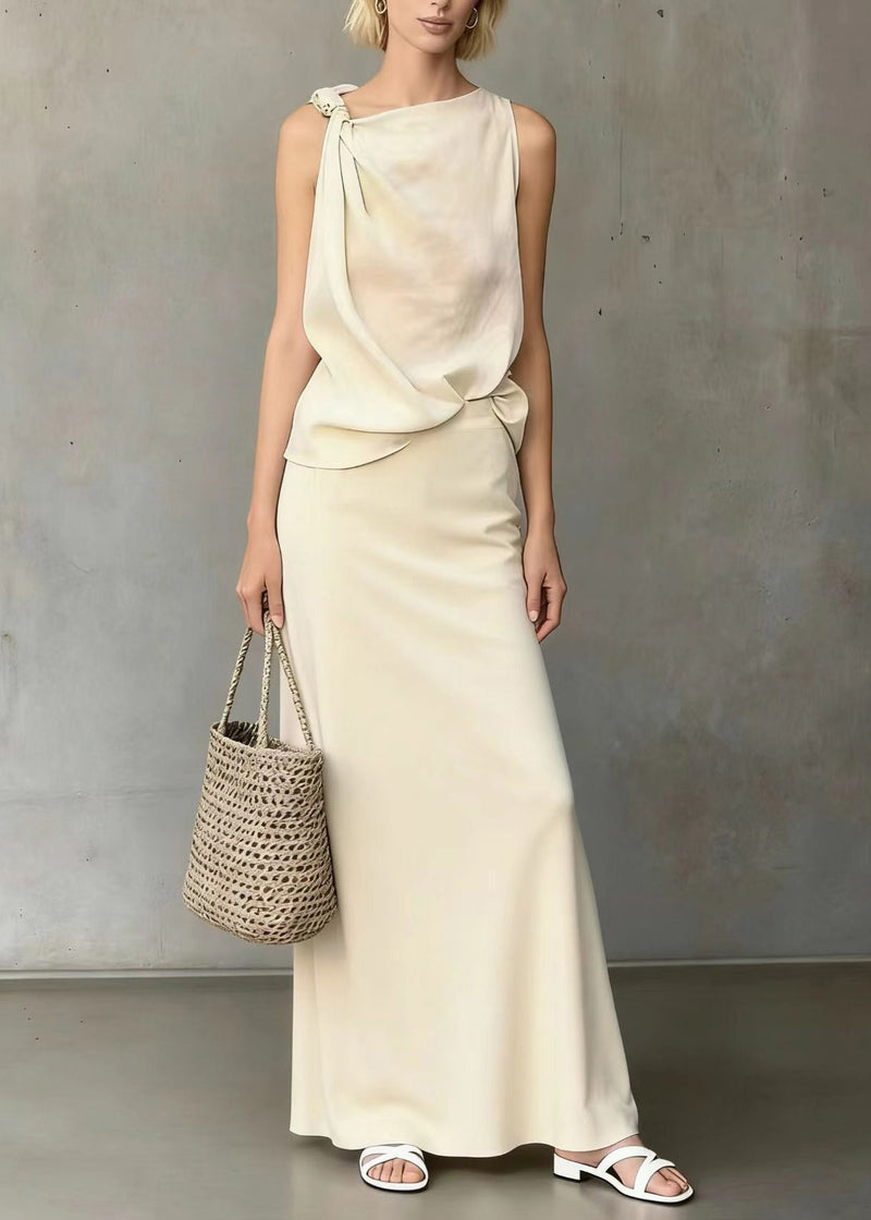White Asymmetrical Shoulder Knotted Cotton Two Pieces Set Sleeveless