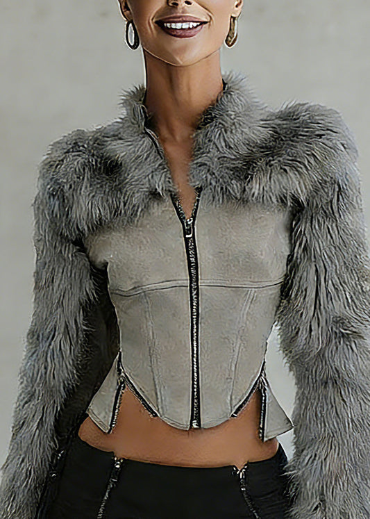 Grey Fur Collar Zippered Faux Suede Patchwork Coats Spring