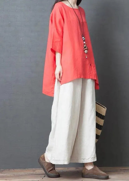 Red Side Open Cotton Linen Top