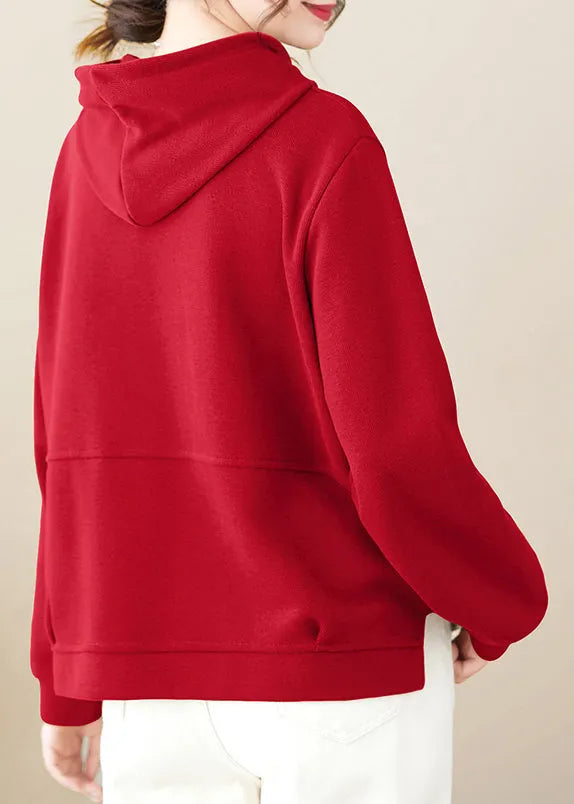 Red Patchwork Cotton Pullover Hooded Fall