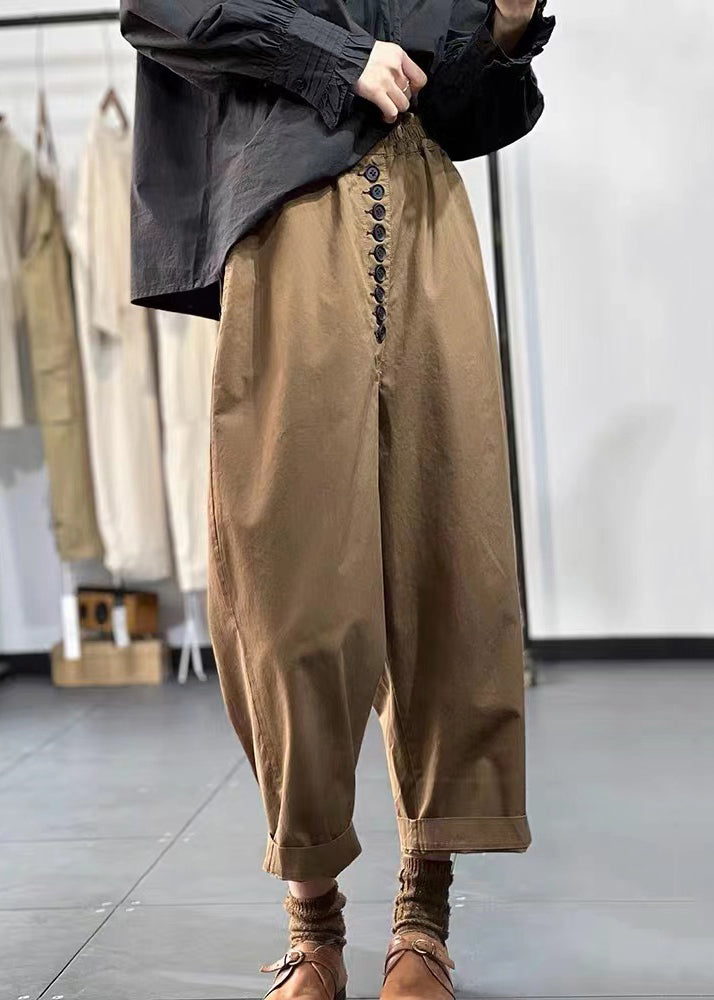 Khaki Pockets Elastic Waist Cotton Crop Pants Fall