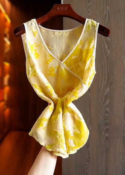 Yellow V Neck Patchwork Print Silk Tanks Sleeveless