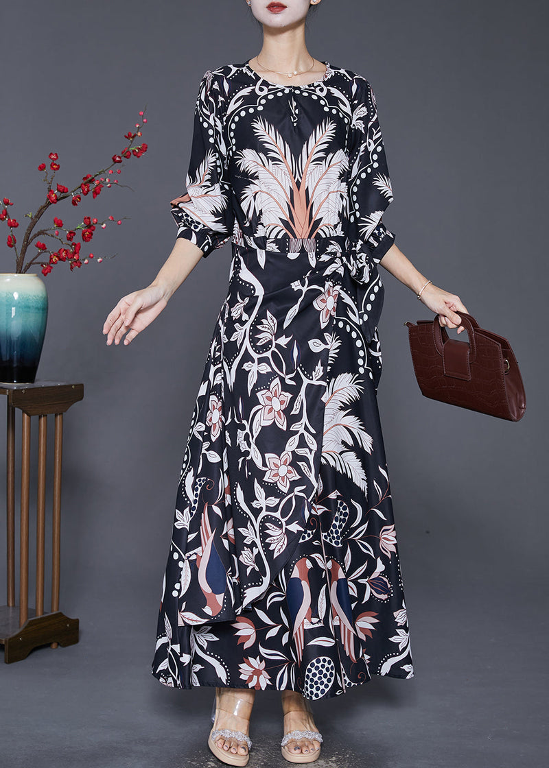 Black Cinched Print Silk Beach Long Dresses Fall