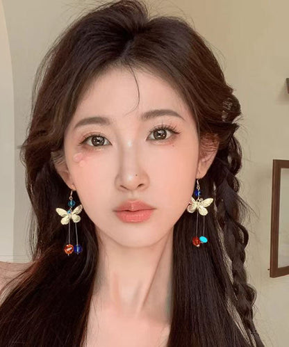 Colorblock Alloy Butterfly Beading Tassel Drop Earrings
