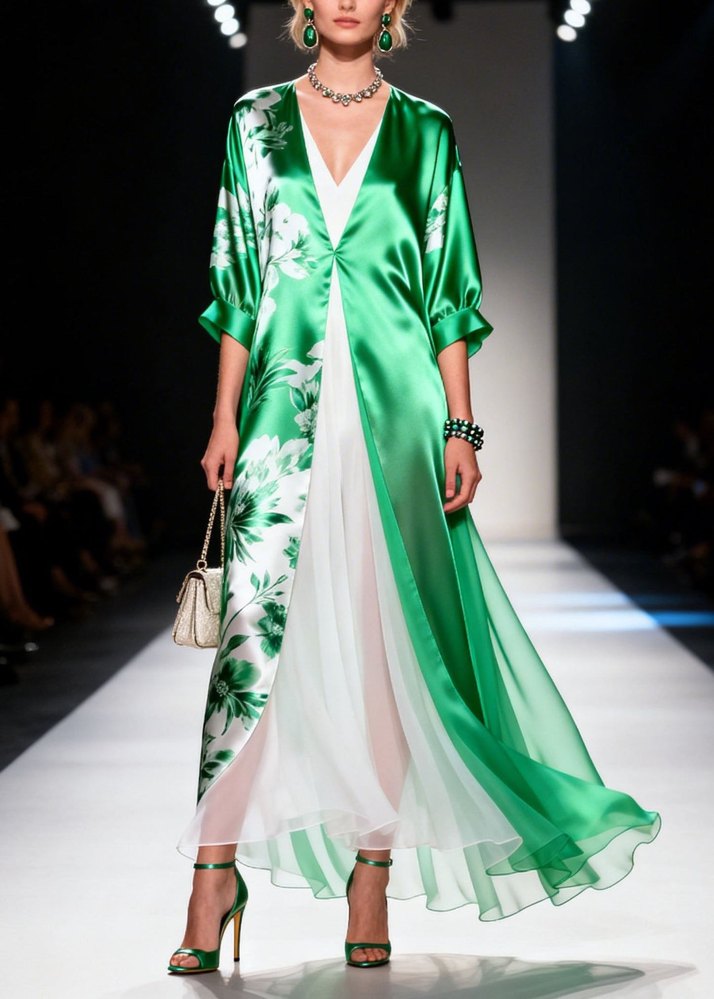 Green V Neck Print Patchwork Chiffon Dress Summer