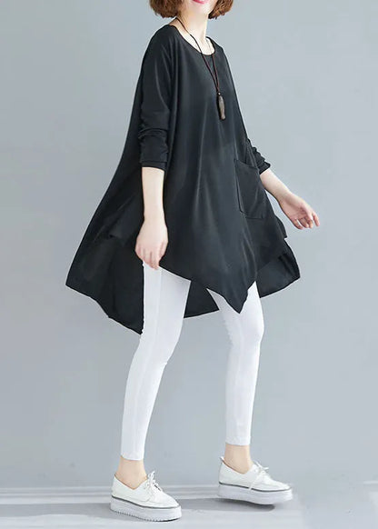 French Black Asymmetrical Cotton Blouse Top Spring