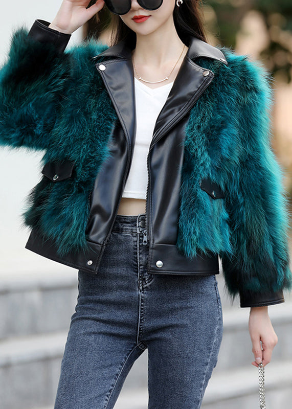 Peacock Blue Pockets Leather and Fur Jacket Long Sleeve
