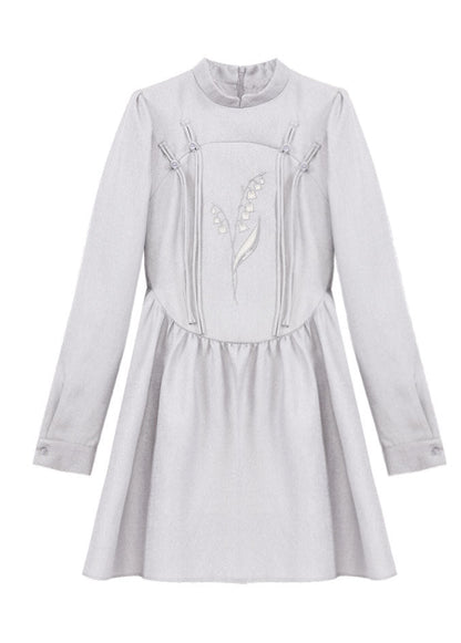 Grey Stand Collar Tasseled Embroideried Patchwork Silk Dress Spring