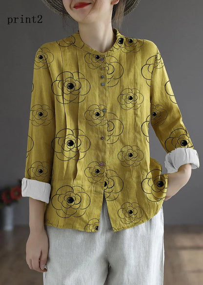 White Flower Button Fall Top Long Sleeve Linen