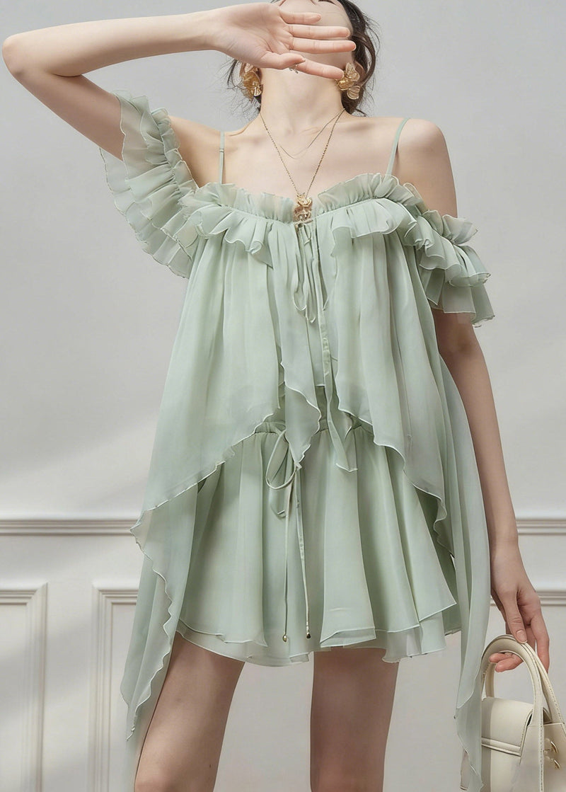 Natural Green Cold Shoulder Asymmetrical Chiffon Top and Skirts Two Pieces Set Sleeveless