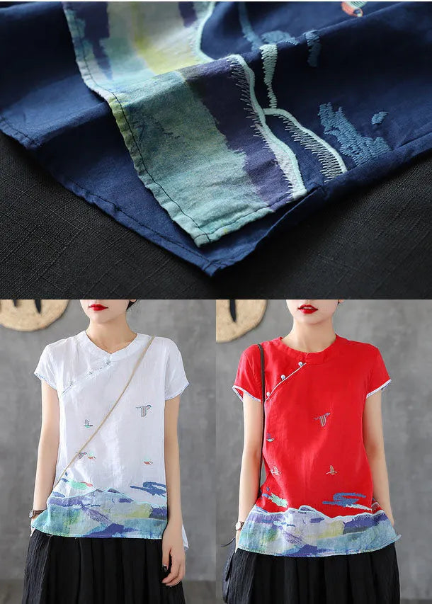 Red Embroideried Chinese Button Cotton Tank Short Sleeve