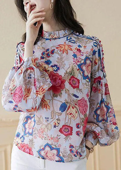 Red Patchwork Loose Silk Shirts Lantern Sleeve