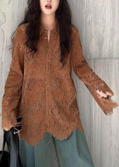 Coffee Peter Pan Collar Button Lace Shirt Flare Sleeve