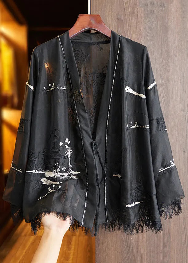 White Lace Up Printed Lace Patchwork Top Fall