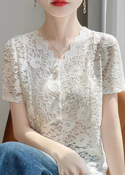 Art Beige V Neck Side Open Lace Shirts Summer