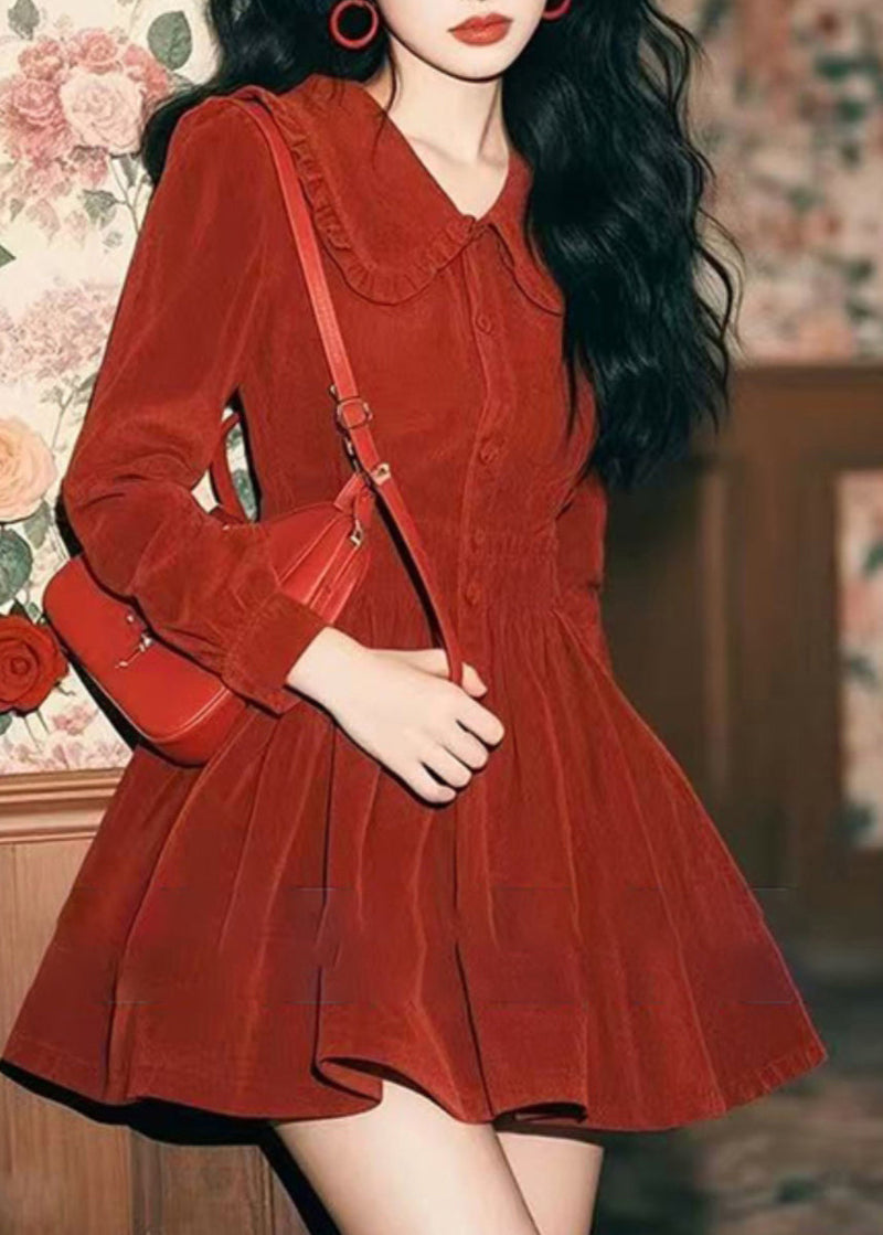 New Red Peter Pan Collar Button Corduroy Mid Dress Spring