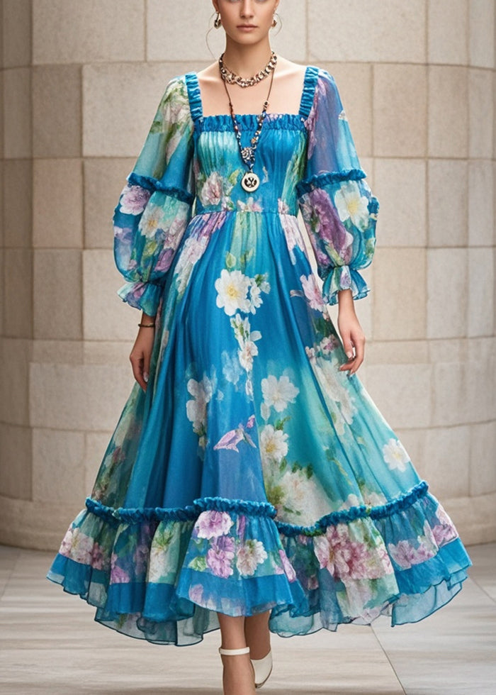 Unique Peacock Blue Ruffled Print Chiffon Holiday Dress Spring