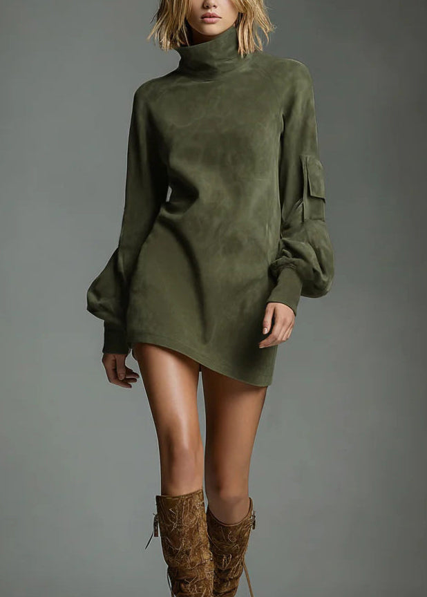 Brown High Neck Faux Suede Mid Dress Lantern Sleeve