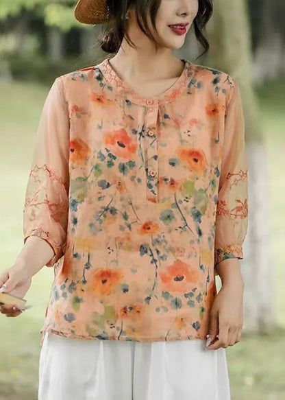 Orange Embroideried Patchwork Print Linen Shirt Top Half Sleeve