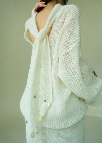 White Sequins Sweaters and Skirts Knit Two-piece Set V Neck