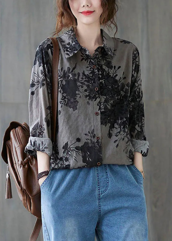 Unique Black Flower Peter Pan Collar Button Print Fall Blouses Long Sleeve