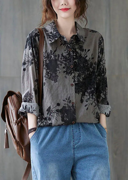 Unique Black Flower Peter Pan Collar Button Print Fall Blouses Long Sleeve
