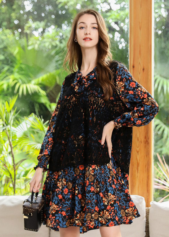Style Black V Neck Print Chiffon Shirt Dress and Vest Two Piece Set Spring