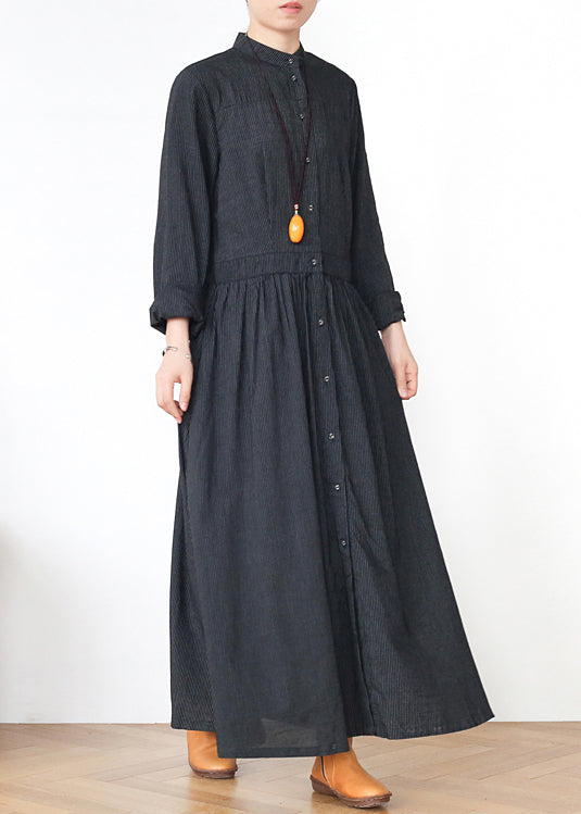 Grey Stand Collar Striped Cotton Shirts Dress Fall